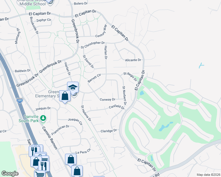 map of restaurants, bars, coffee shops, grocery stores, and more near 149 Saint Francis Court in Danville