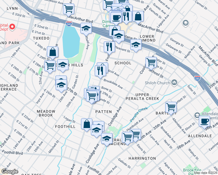 map of restaurants, bars, coffee shops, grocery stores, and more near 3002 Bona Street in Oakland
