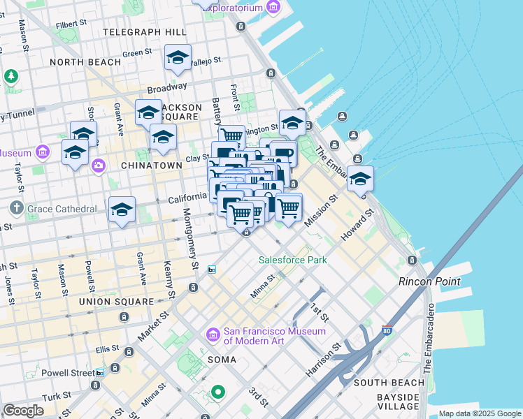 map of restaurants, bars, coffee shops, grocery stores, and more near 62 Pine Street in San Francisco