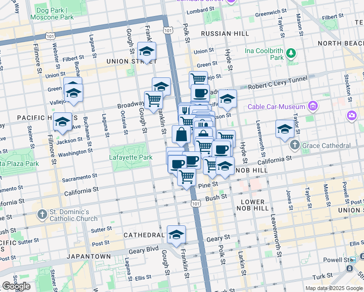 map of restaurants, bars, coffee shops, grocery stores, and more near 1800 Van Ness Avenue in San Francisco