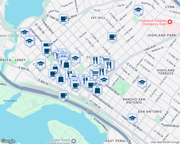 map of restaurants, bars, coffee shops, grocery stores, and more near 1101 Foothill Boulevard in Oakland