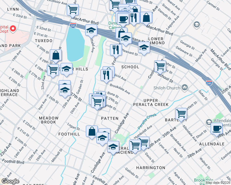 map of restaurants, bars, coffee shops, grocery stores, and more near 3002 Bona Street in Oakland