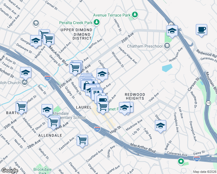 map of restaurants, bars, coffee shops, grocery stores, and more near 3750 Patterson Avenue in Oakland