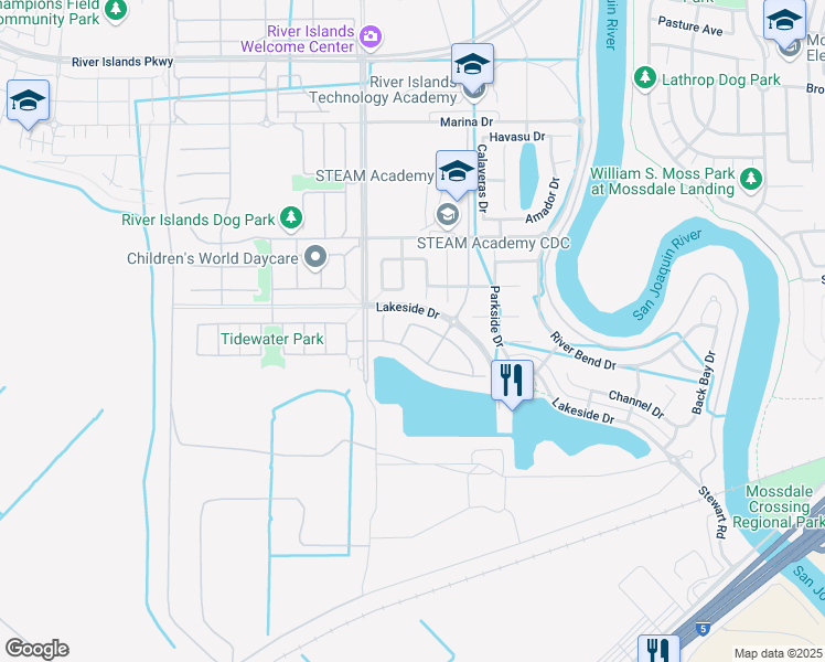 map of restaurants, bars, coffee shops, grocery stores, and more near 1224 Navigator Drive in Lathrop