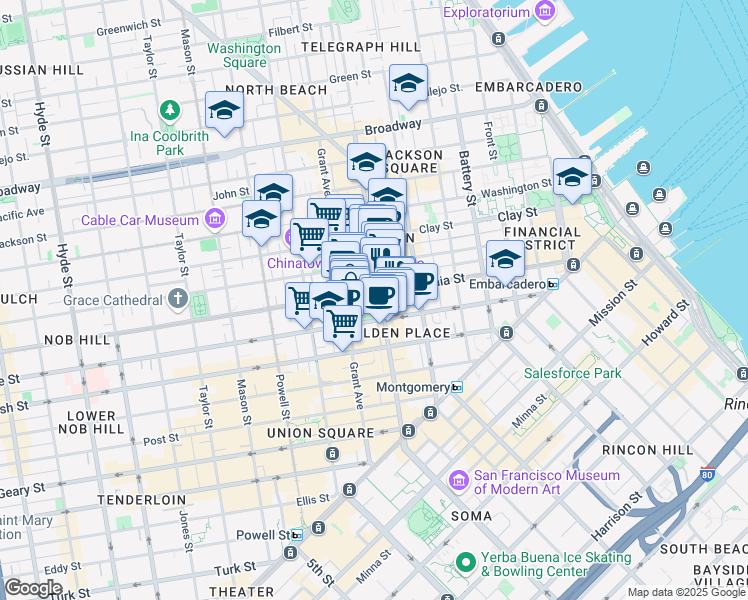 map of restaurants, bars, coffee shops, grocery stores, and more near 601 California Street in San Francisco