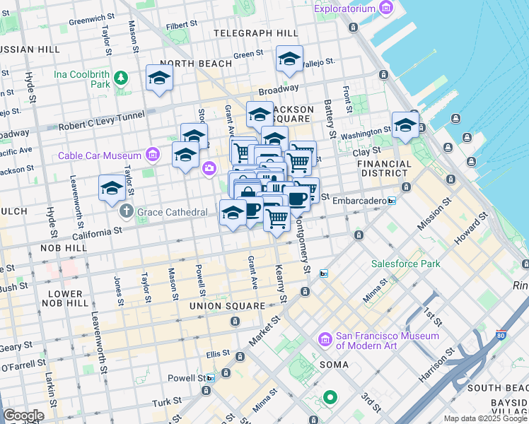 map of restaurants, bars, coffee shops, grocery stores, and more near 601 California Street in San Francisco