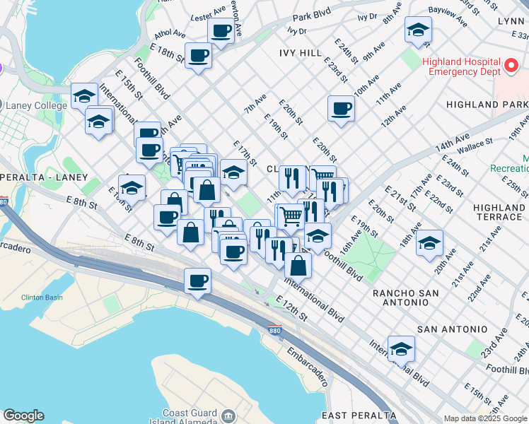 map of restaurants, bars, coffee shops, grocery stores, and more near 1101 Foothill Boulevard in Oakland