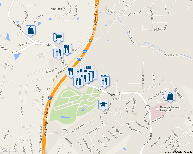 map of restaurants, bars, coffee shops, grocery stores, and more near 124 Hylton Ln in Beckley