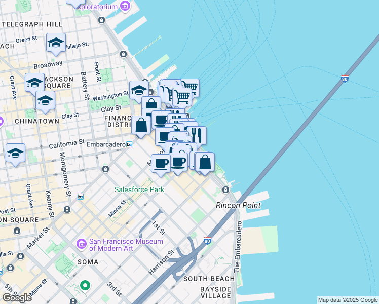 map of restaurants, bars, coffee shops, grocery stores, and more near 188 The Embarcadero in San Francisco