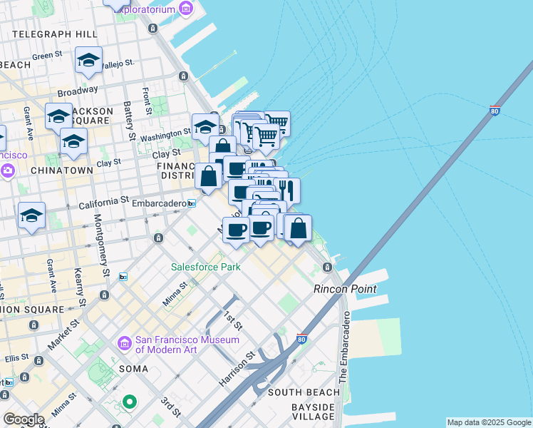 map of restaurants, bars, coffee shops, grocery stores, and more near 101 Spear Street in San Francisco