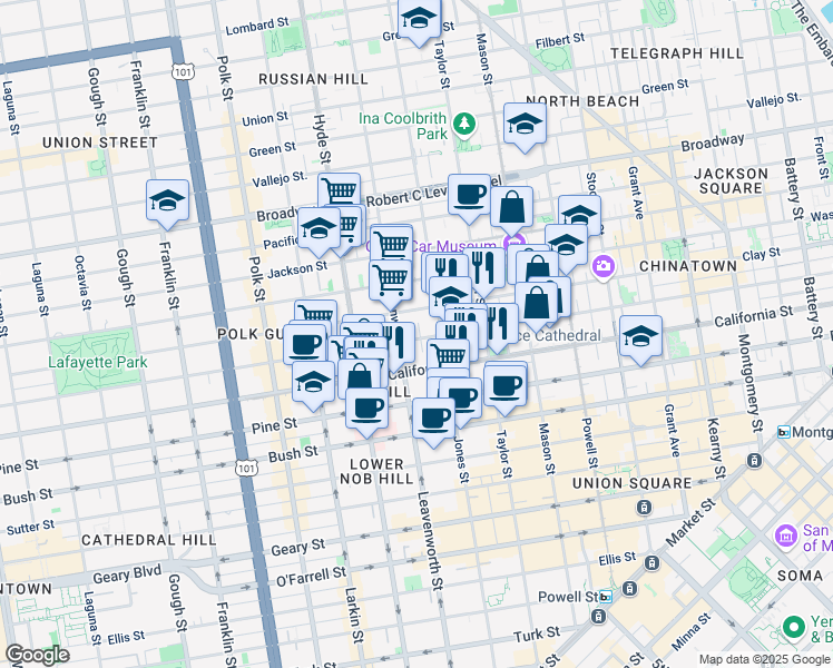 map of restaurants, bars, coffee shops, grocery stores, and more near 1324 Sacramento Street in San Francisco