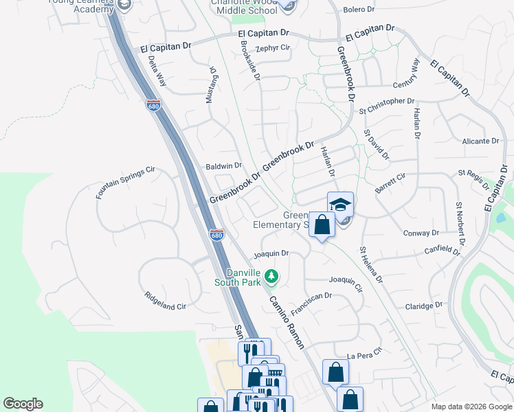 map of restaurants, bars, coffee shops, grocery stores, and more near 1466 Greenlawn Drive in Danville