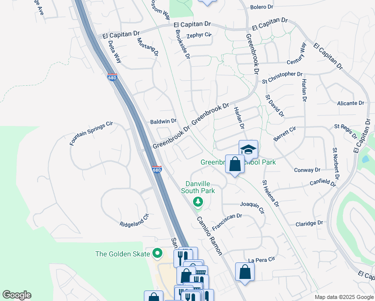 map of restaurants, bars, coffee shops, grocery stores, and more near 1466 Greenlawn Drive in Danville