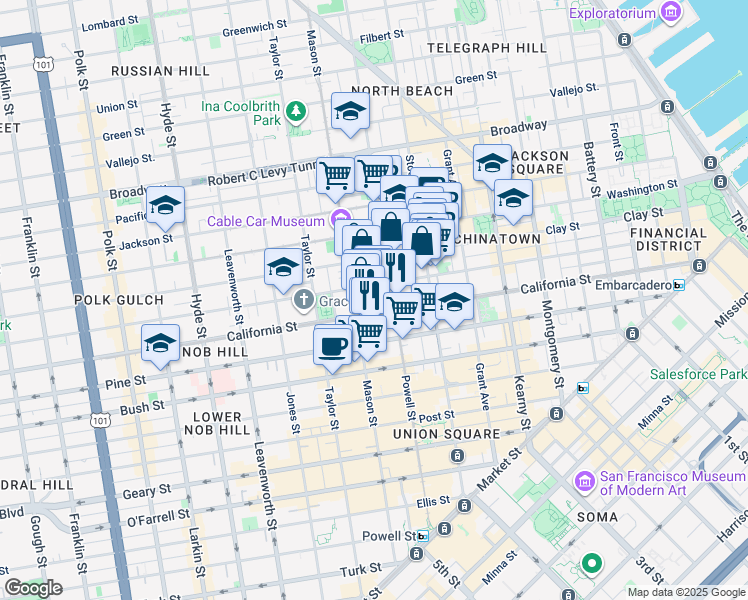 map of restaurants, bars, coffee shops, grocery stores, and more near 950 Mason Street in San Francisco