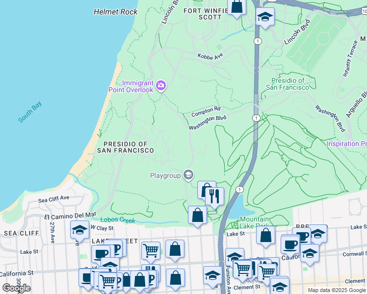 map of restaurants, bars, coffee shops, grocery stores, and more near 1442 Battery Caulfield Road in San Francisco