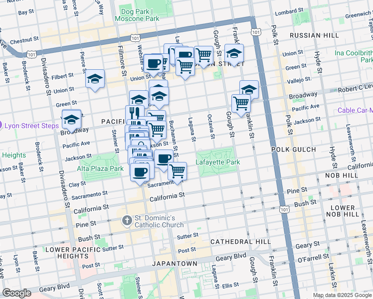 map of restaurants, bars, coffee shops, grocery stores, and more near 2224 Washington Street in San Francisco