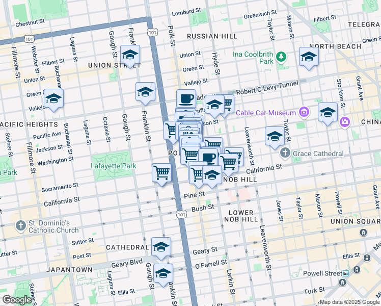 map of restaurants, bars, coffee shops, grocery stores, and more near Clay St & Polk St in San Francisco