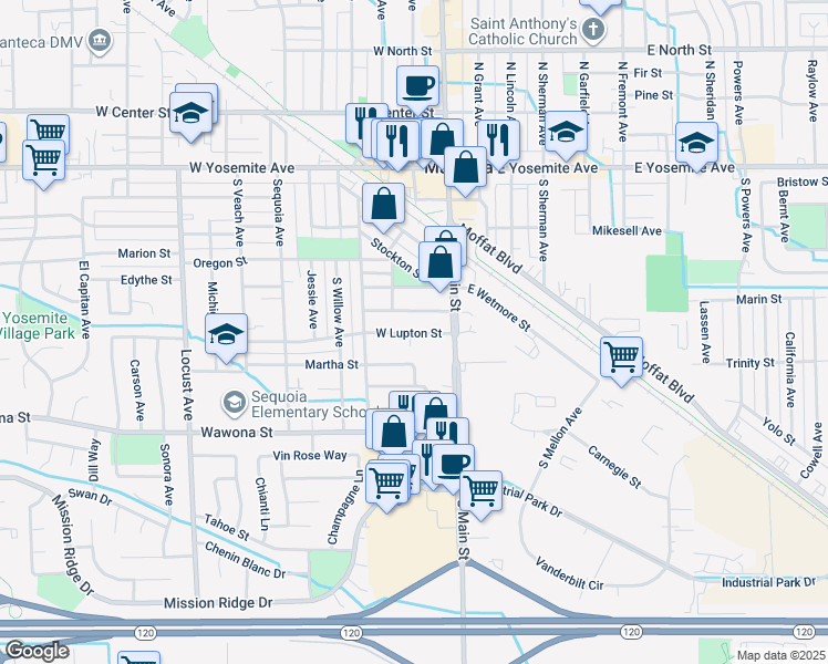 map of restaurants, bars, coffee shops, grocery stores, and more near 143 West Lupton Street in Manteca