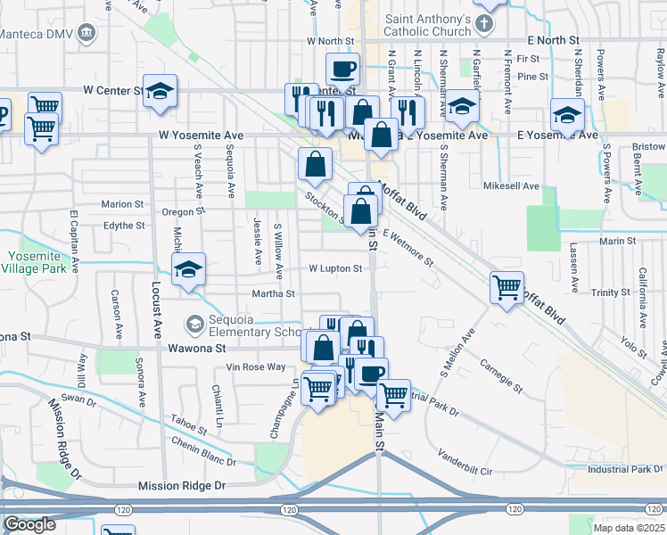 map of restaurants, bars, coffee shops, grocery stores, and more near 143 West Lupton Street in Manteca