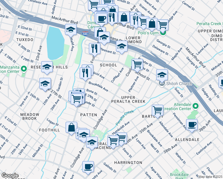 map of restaurants, bars, coffee shops, grocery stores, and more near in Oakland