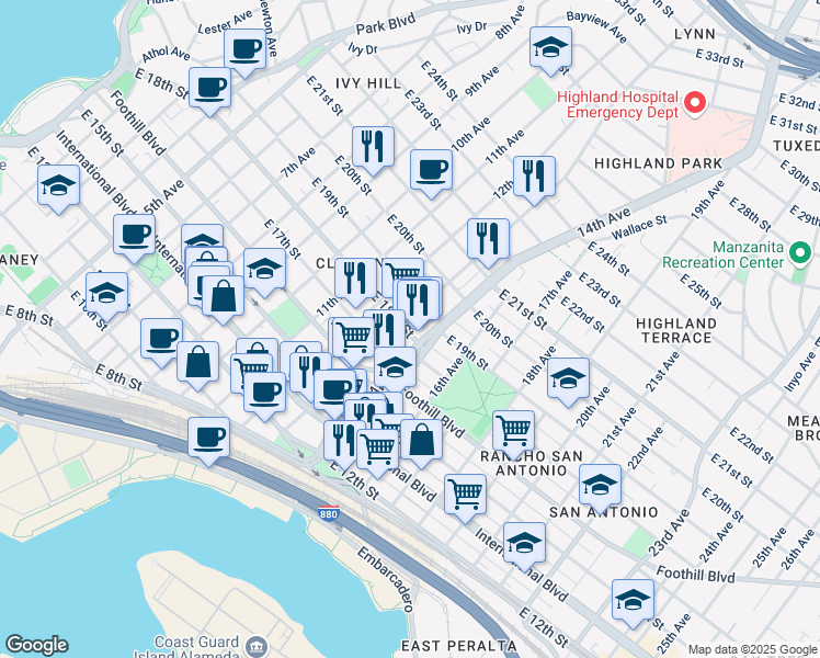 map of restaurants, bars, coffee shops, grocery stores, and more near 1847 13th Avenue in Oakland