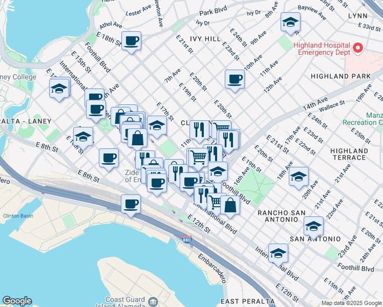 map of restaurants, bars, coffee shops, grocery stores, and more near 1649 12th Avenue in Oakland