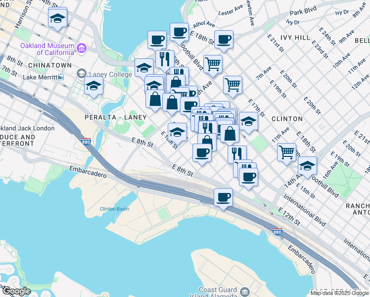 map of restaurants, bars, coffee shops, grocery stores, and more near 1026 7th Avenue in Oakland