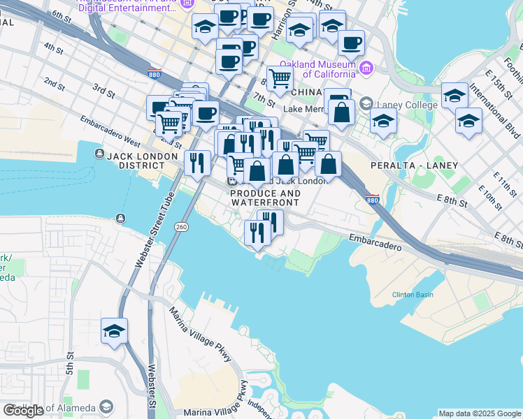 map of restaurants, bars, coffee shops, grocery stores, and more near 105 Madison Street in Oakland