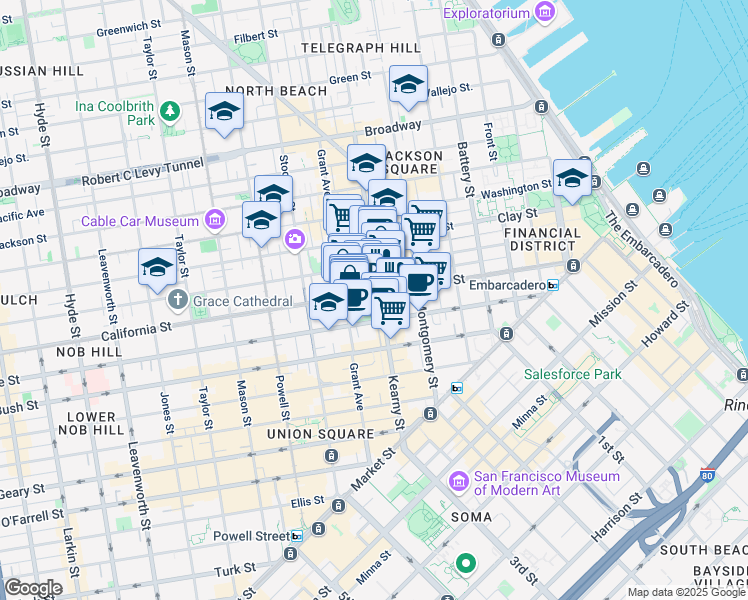 map of restaurants, bars, coffee shops, grocery stores, and more near 433 Kearny Street in San Francisco
