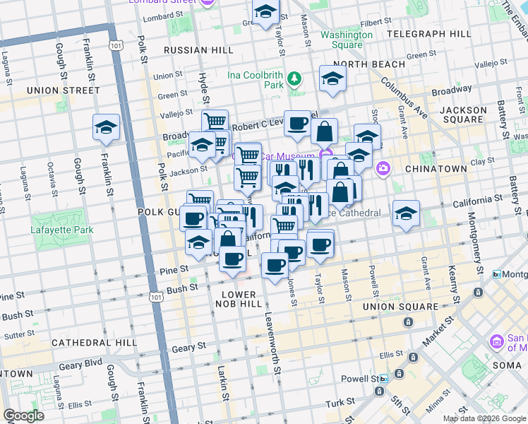 map of restaurants, bars, coffee shops, grocery stores, and more near in San Francisco