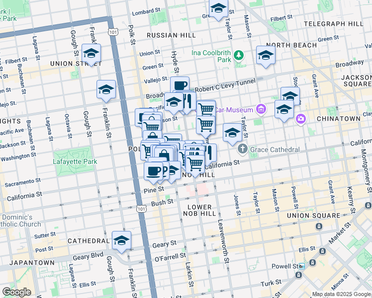 map of restaurants, bars, coffee shops, grocery stores, and more near 1251 Hyde Street in San Francisco