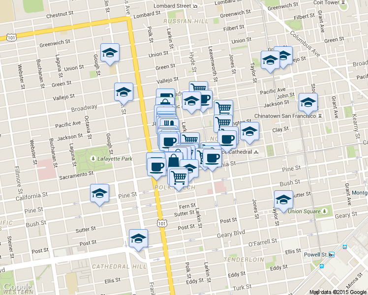 map of restaurants, bars, coffee shops, grocery stores, and more near 1565 Larkin Street in San Francisco