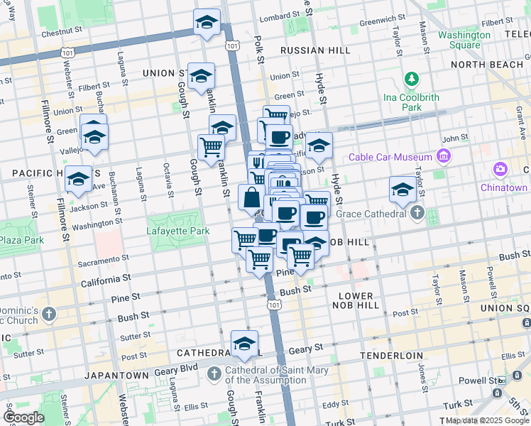 map of restaurants, bars, coffee shops, grocery stores, and more near 1800 Van Ness Avenue in San Francisco
