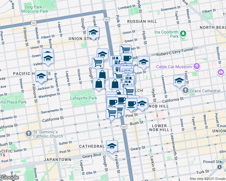map of restaurants, bars, coffee shops, grocery stores, and more near 1920 Franklin Street in San Francisco