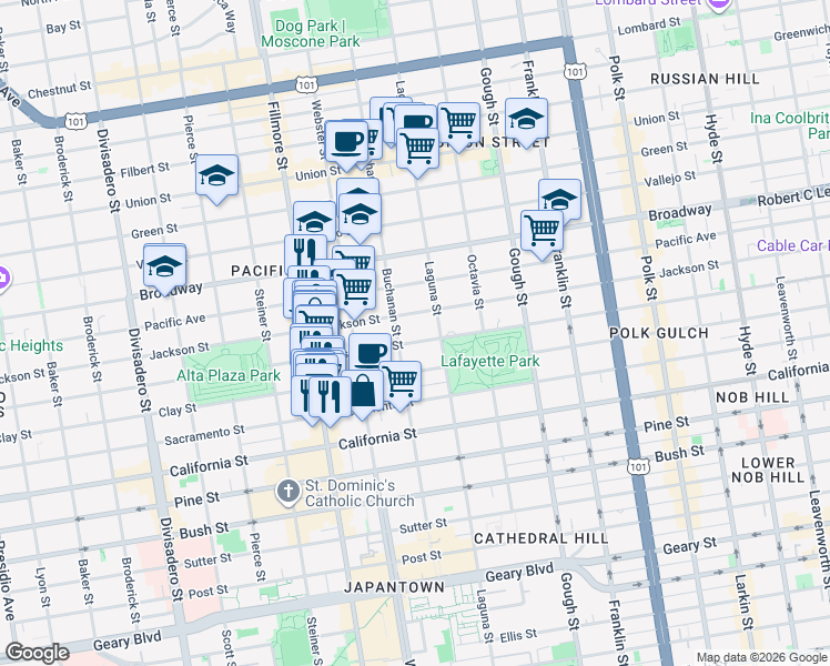 map of restaurants, bars, coffee shops, grocery stores, and more near 2224 Washington Street in San Francisco