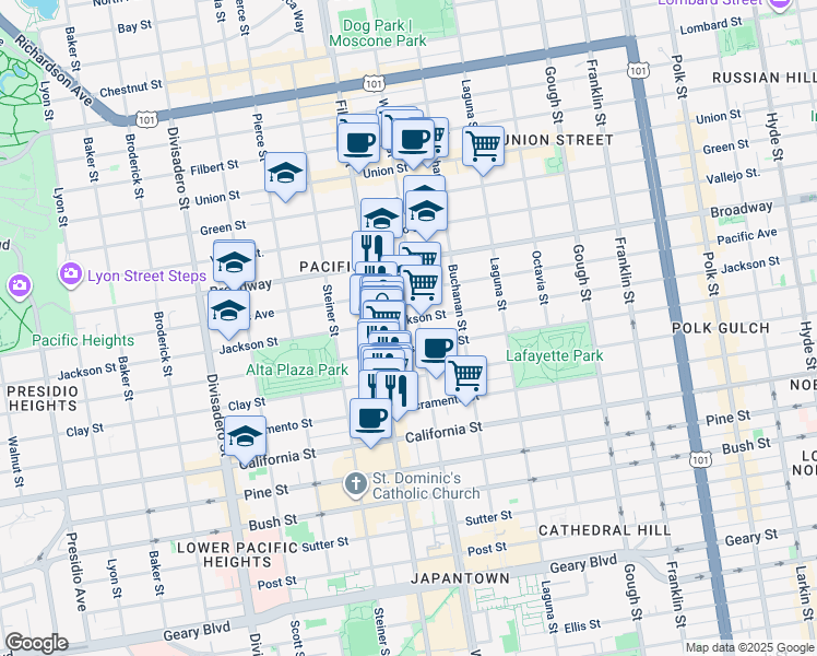 map of restaurants, bars, coffee shops, grocery stores, and more near 2321 Webster Street in San Francisco