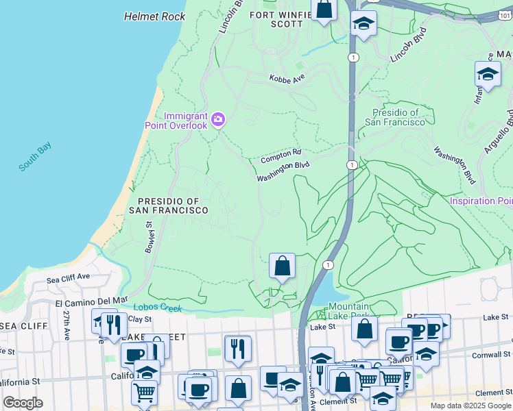 map of restaurants, bars, coffee shops, grocery stores, and more near 1451 Battery Caulfield Road in San Francisco