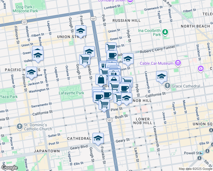 map of restaurants, bars, coffee shops, grocery stores, and more near 1800 Van Ness Avenue in San Francisco