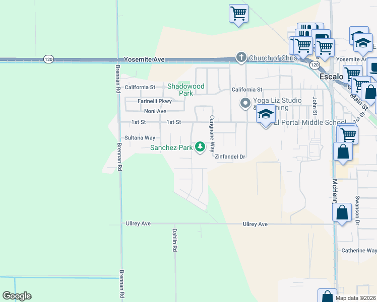 map of restaurants, bars, coffee shops, grocery stores, and more near 483 Valdapena Way in Escalon