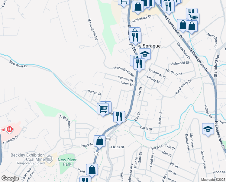 map of restaurants, bars, coffee shops, grocery stores, and more near 174 Cobbs Street in Beckley