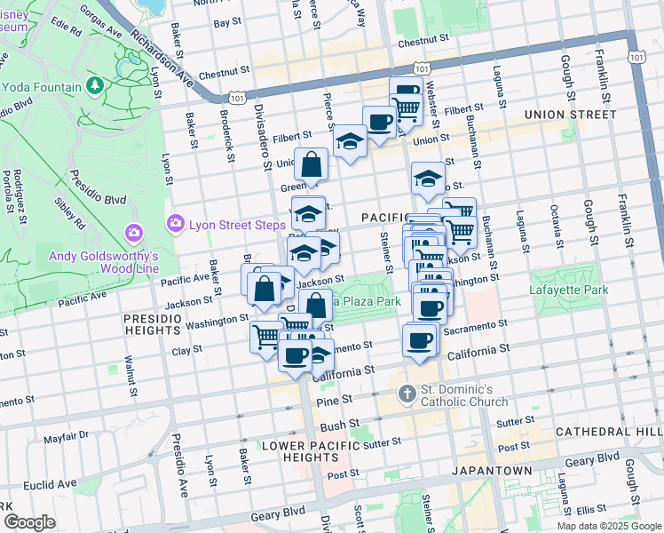 map of restaurants, bars, coffee shops, grocery stores, and more near 2629 Pacific Avenue in San Francisco