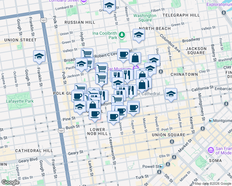 map of restaurants, bars, coffee shops, grocery stores, and more near 1298 Sacramento St in San Francisco