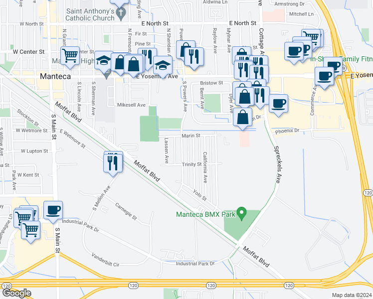 map of restaurants, bars, coffee shops, grocery stores, and more near 328 South Powers Avenue in Manteca