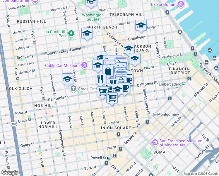 map of restaurants, bars, coffee shops, grocery stores, and more near 790 California Street in San Francisco