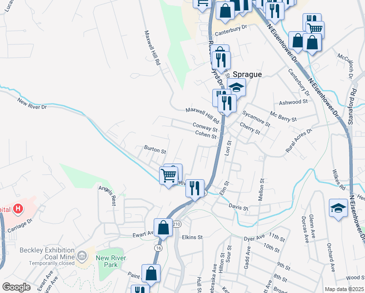 map of restaurants, bars, coffee shops, grocery stores, and more near 174 Cobbs Street in Beckley