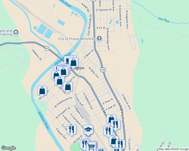 map of restaurants, bars, coffee shops, grocery stores, and more near 128 North Wills Avenue in Covington