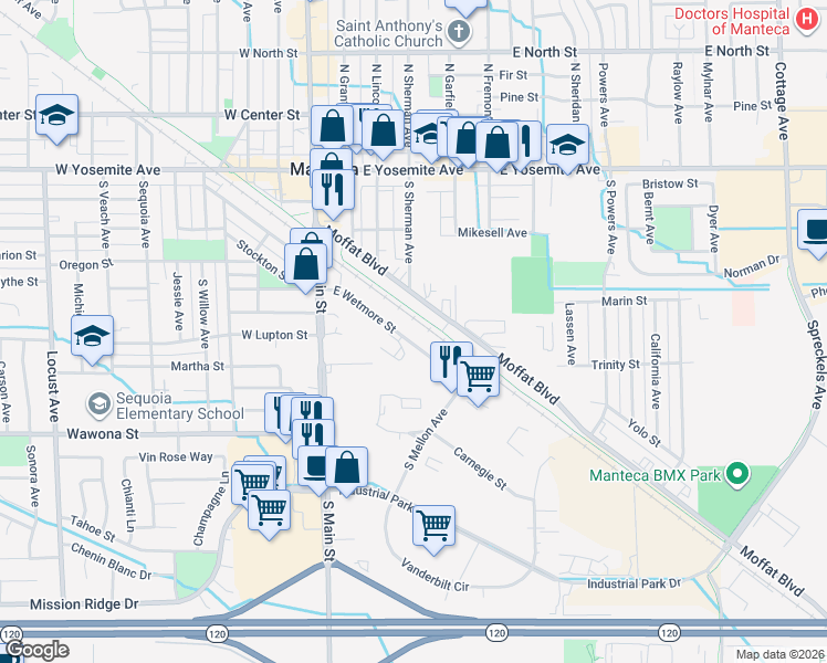 map of restaurants, bars, coffee shops, grocery stores, and more near 477 East Wetmore Street in Manteca