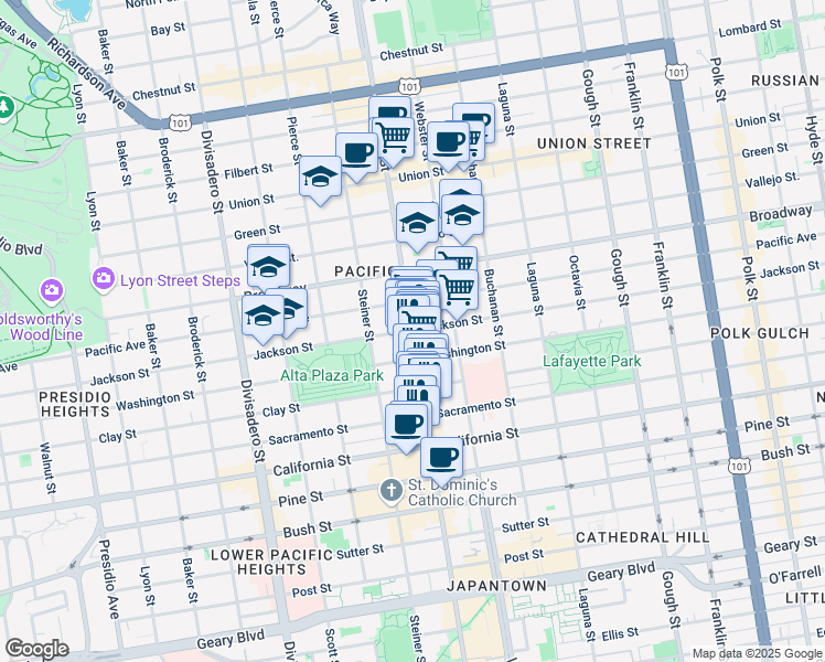 map of restaurants, bars, coffee shops, grocery stores, and more near 2501 Fillmore Street in San Francisco