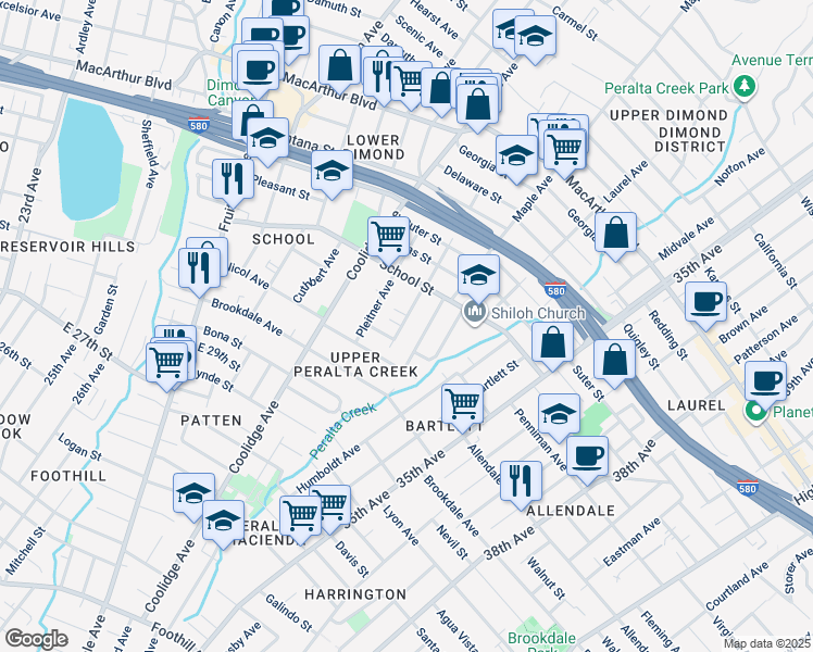 map of restaurants, bars, coffee shops, grocery stores, and more near 3066 Curran Avenue in Oakland
