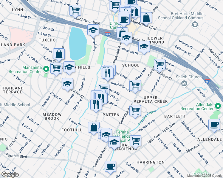 map of restaurants, bars, coffee shops, grocery stores, and more near 2930 Bona St in Oakland